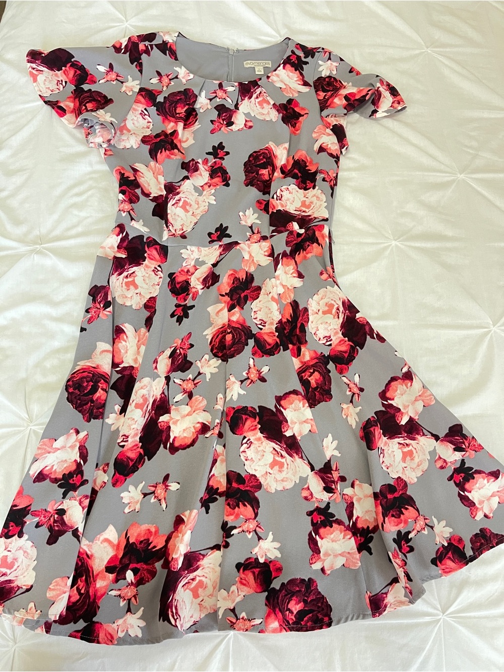 Floral Fit-and-Flare Dress in Gray with Pink & Burgundy Blooms